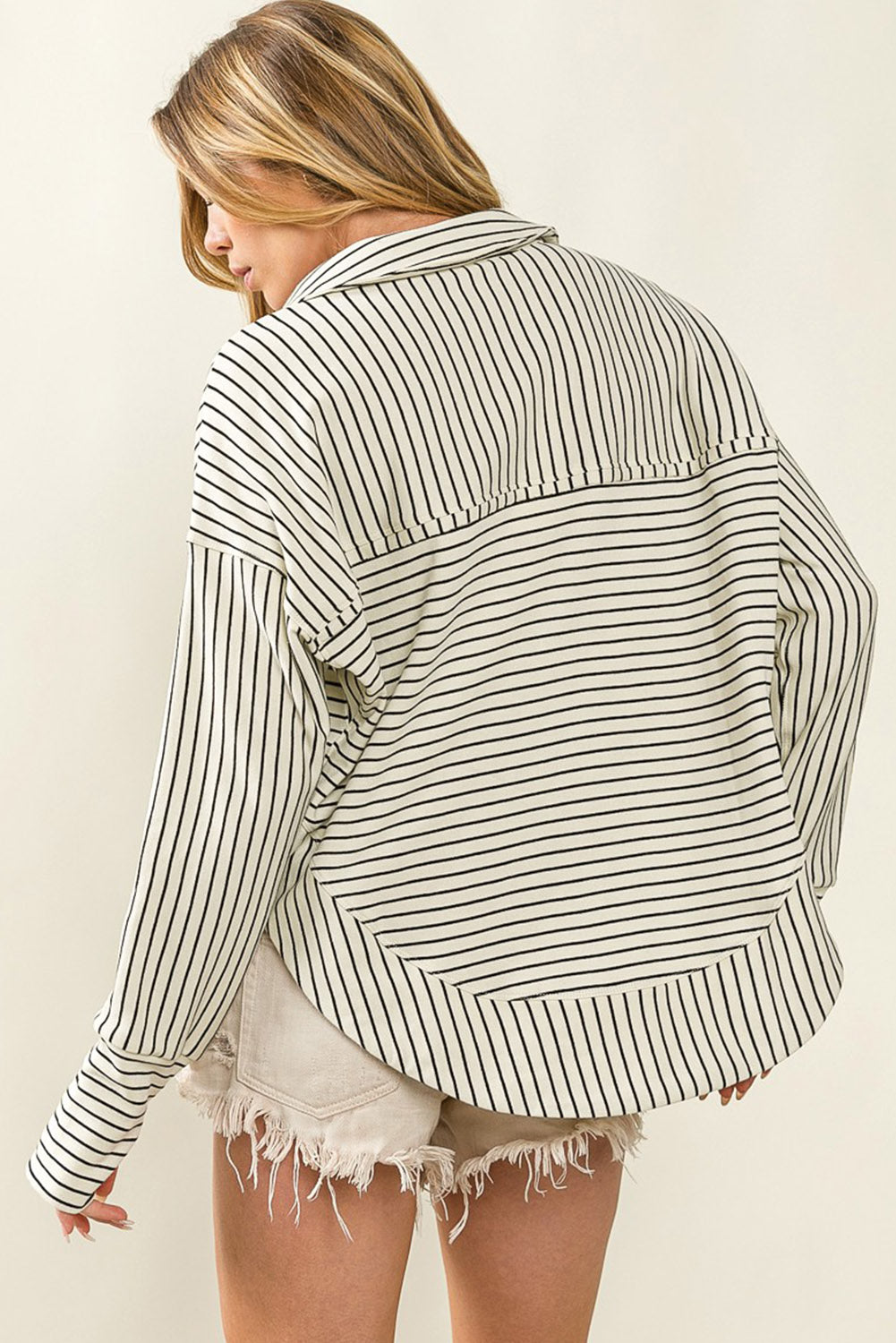 White Striped Thumbhole Drop Shoulder V Neck Top