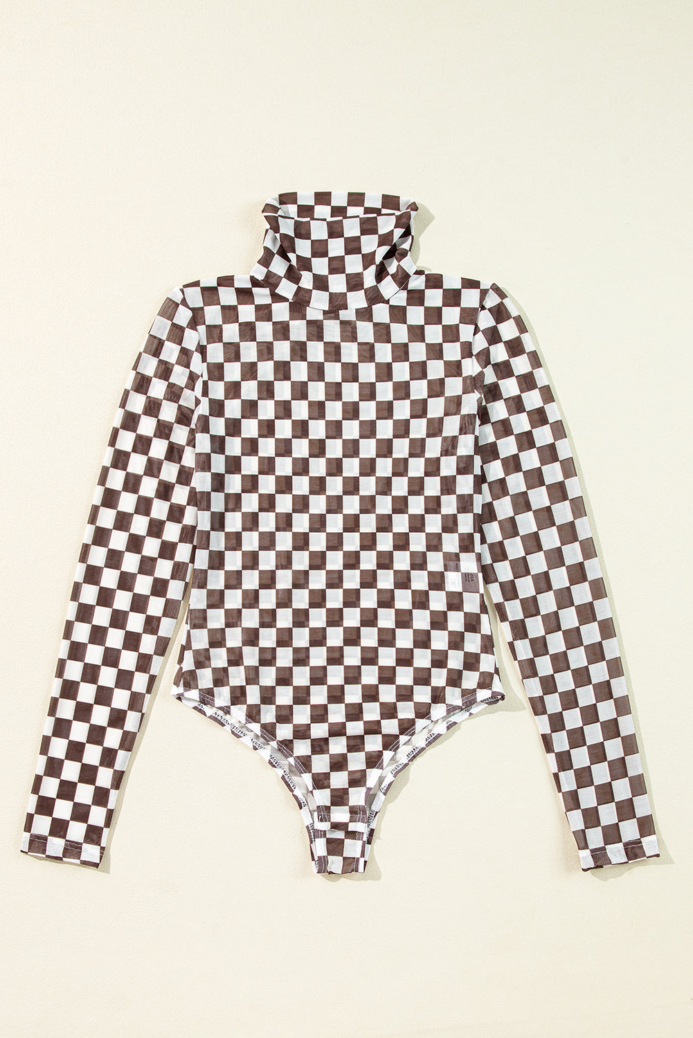 Brown Checkered Printed Long Sleeve High Neck Bodysuit