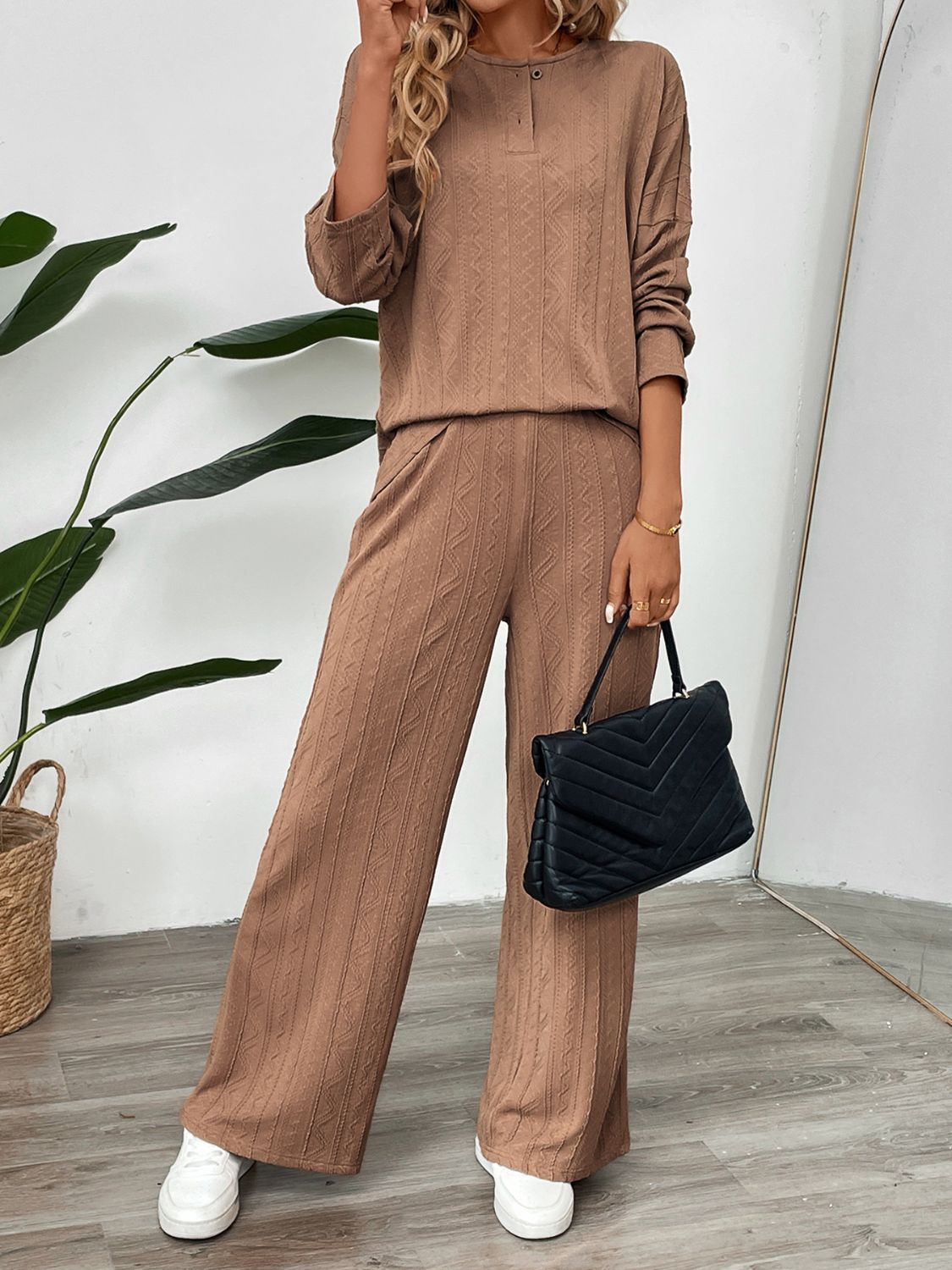 Perfee Quarter Button Long Sleeve Top and Pants Set