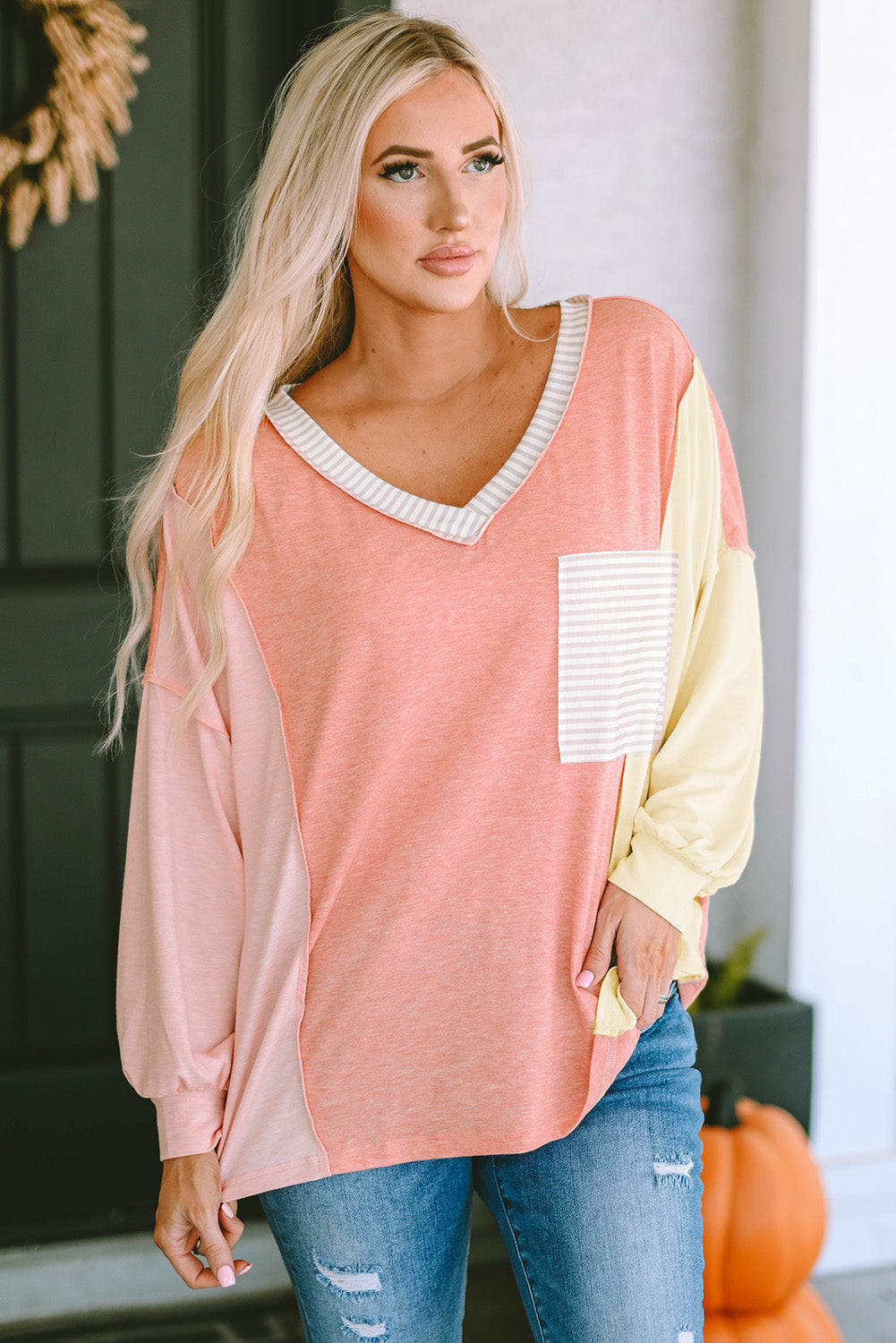 Striped Color Block Splicing Long Sleeve T Shirt