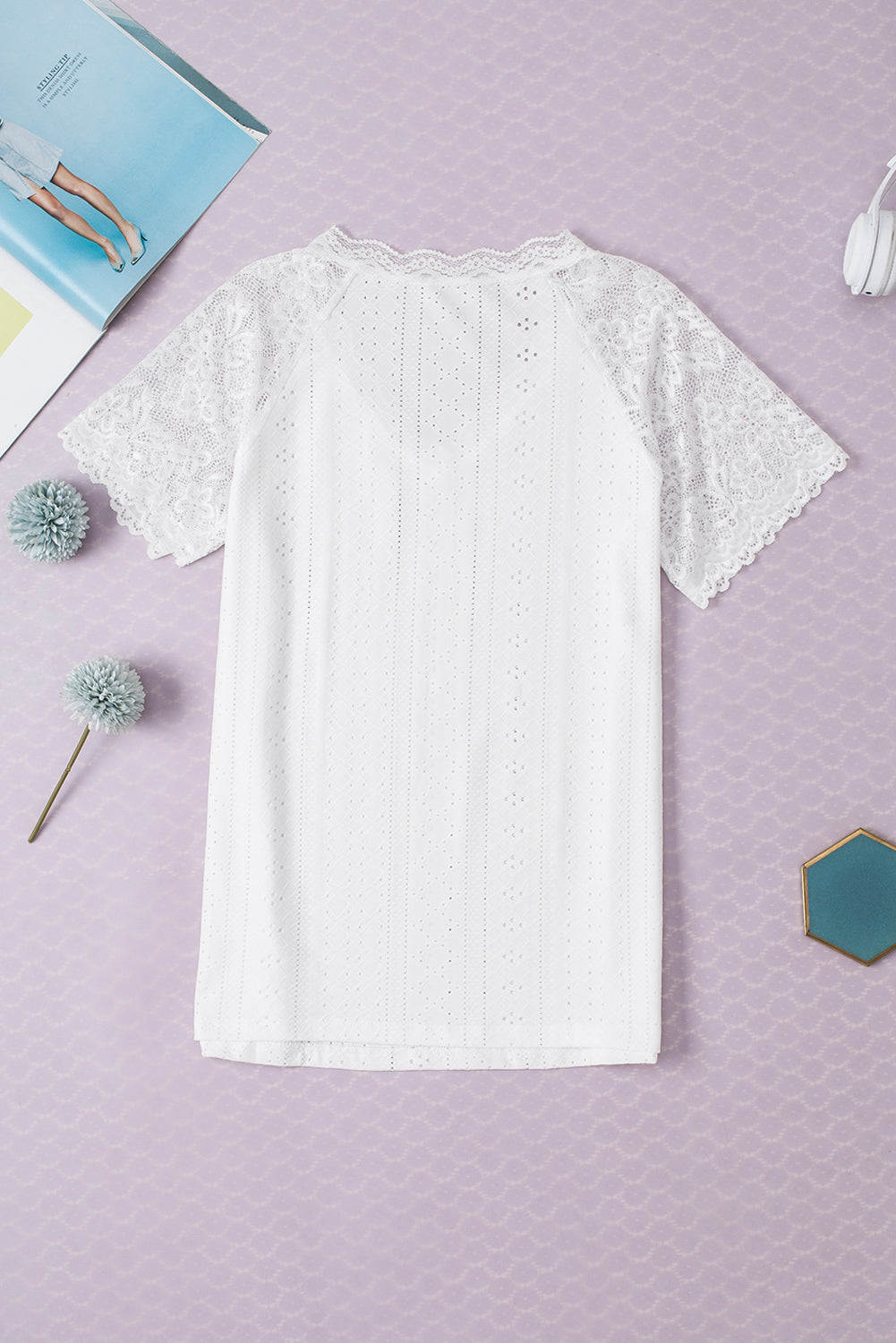 White Sheer Lace Short Sleeves Eyelet Embroidered Tee