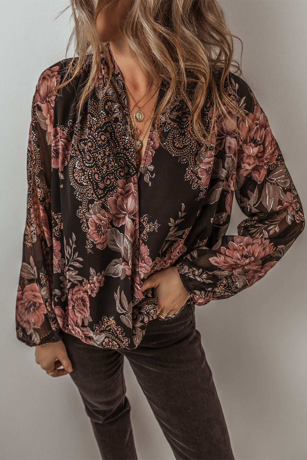 Black Floral Print Criss Cross V Neck Balloon Sleeve Blouse