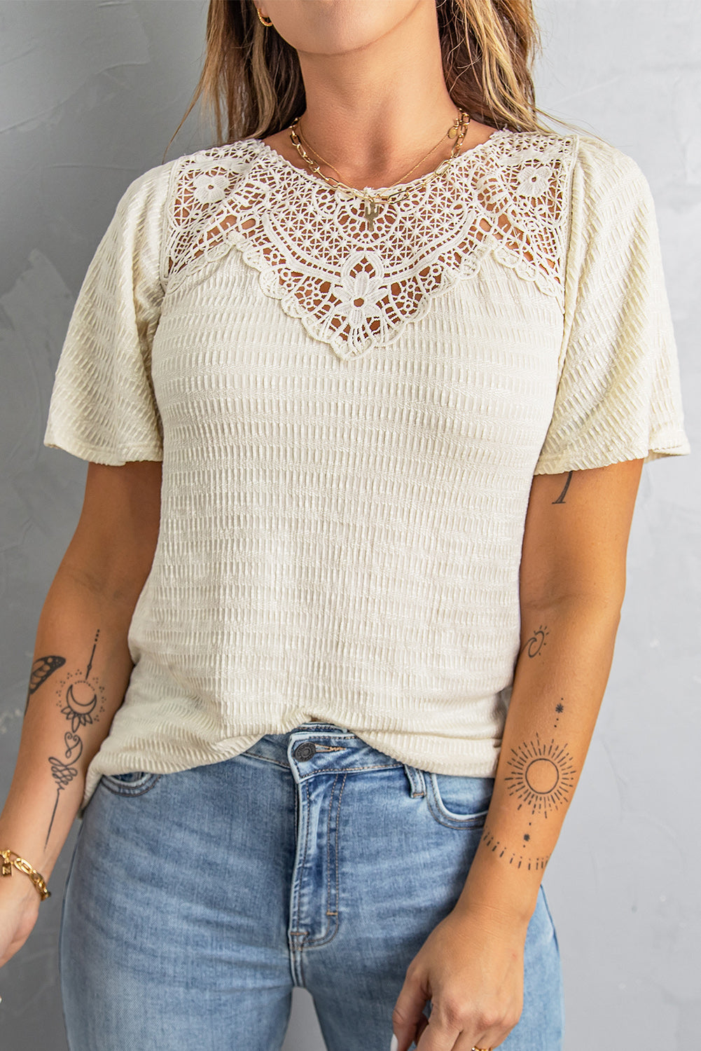 Apricot Crochet Splicing Flutter Sleeve Top