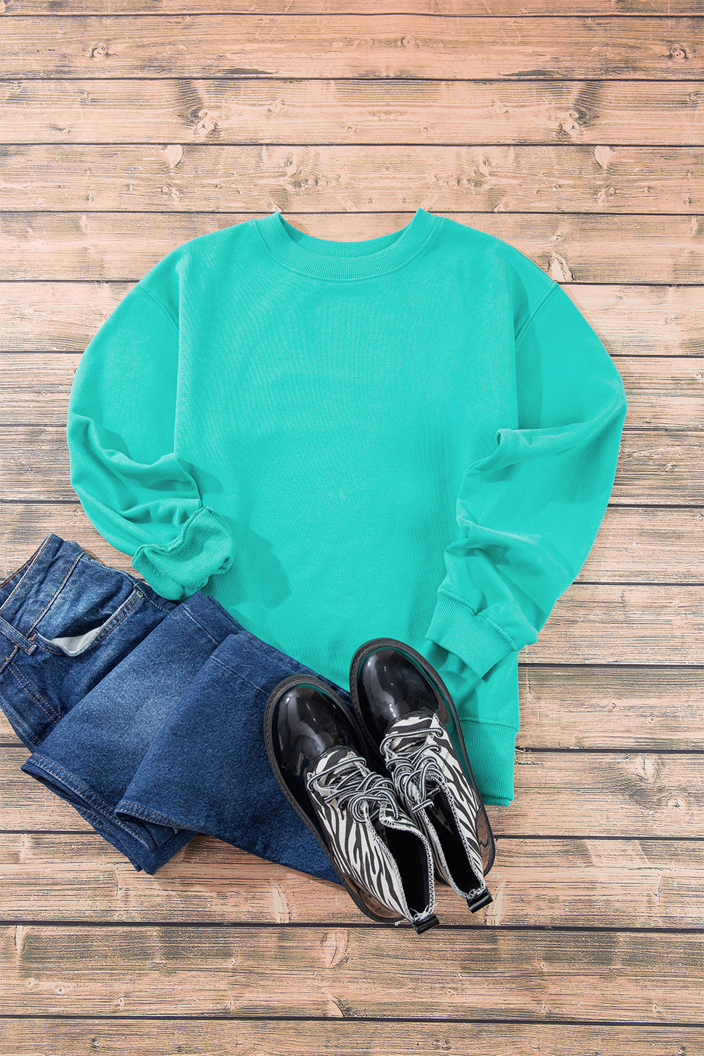 Aruba Blue Plain Drop Shoulder Crewneck Pullover Sweatshirt