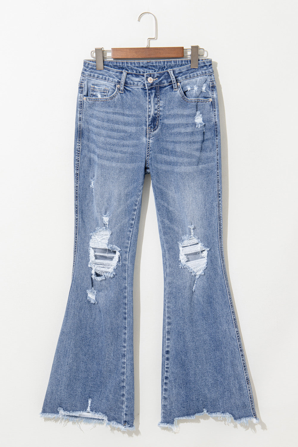 Dusk Blue High Rise Ripped Distressed Hem Flared Jeans