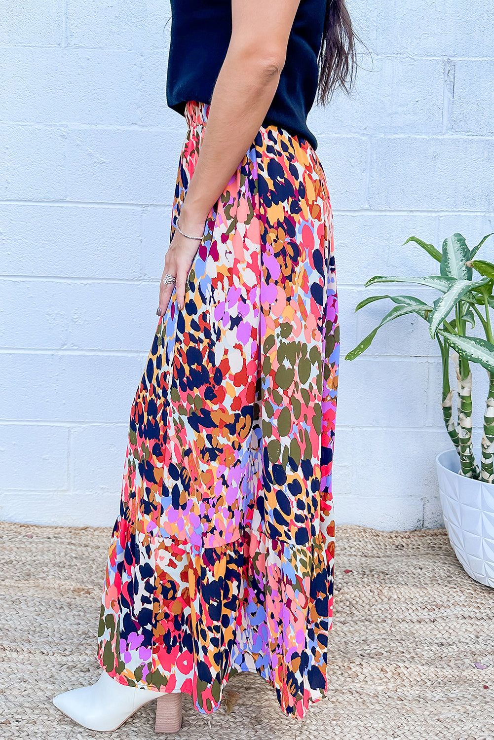 White Abstract Floral Print Ruffled High Waist Maxi Skirt