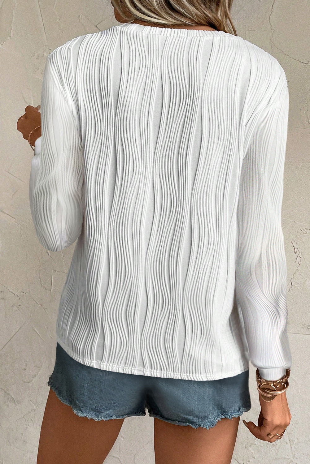 White Textured Wavy Round Neck Long Sleeve Top