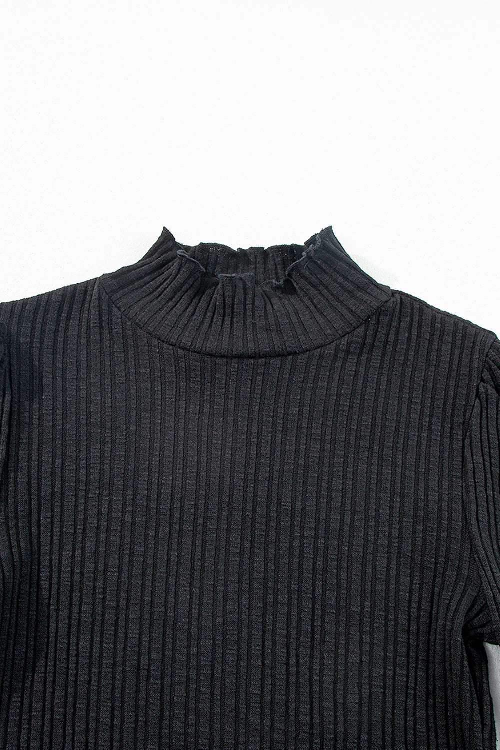 Black Solid Color Ruffled High Neck Long Sleeve Top