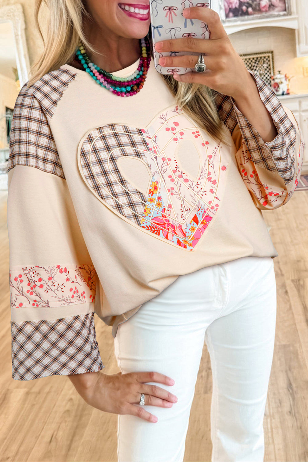 Beige Plaid Floral Peace Heart Graphic Wide Long Sleeve Top