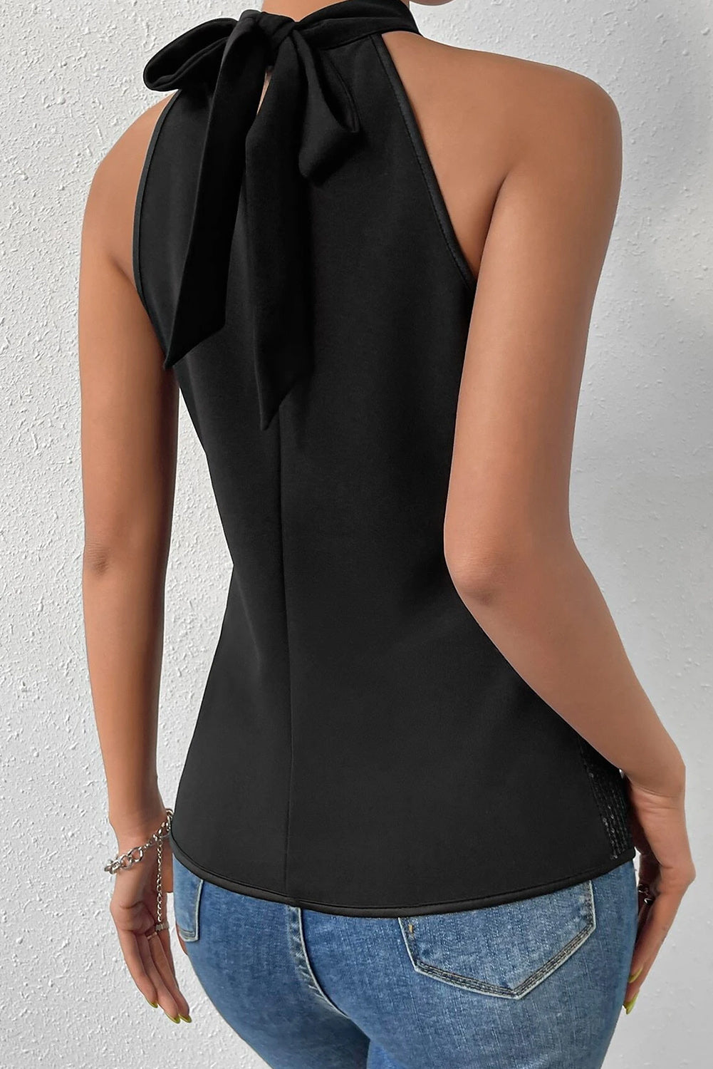 Black Keyhole Tie Back Sequined Tank Top