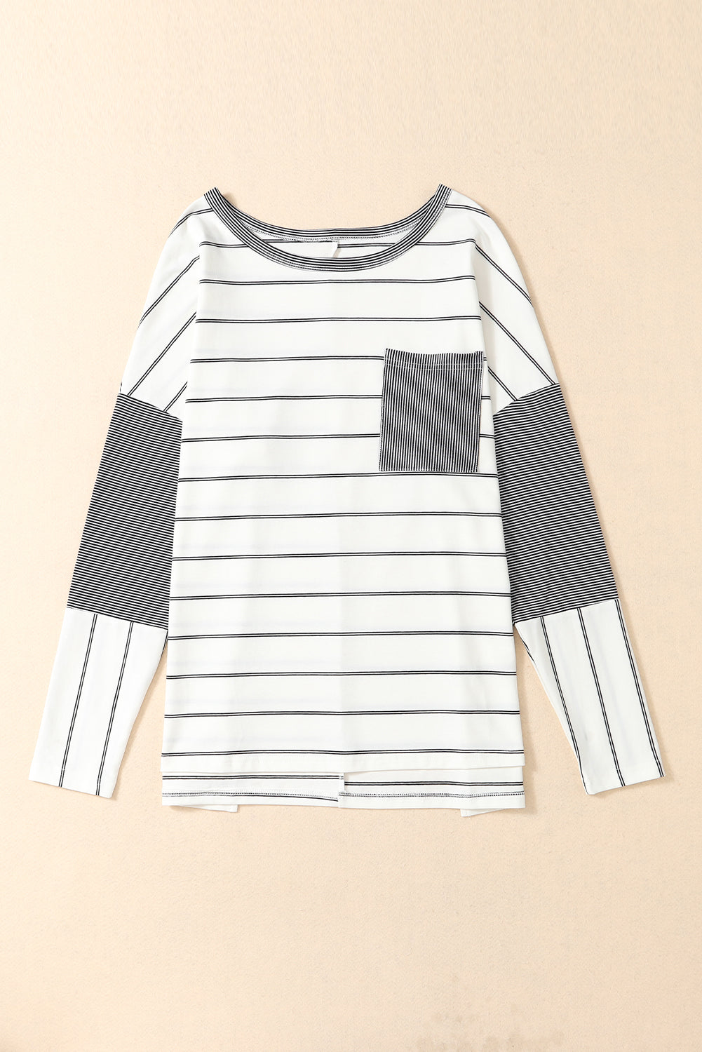 Stripe Patchwork High Low Side Slits Long Sleeve Top