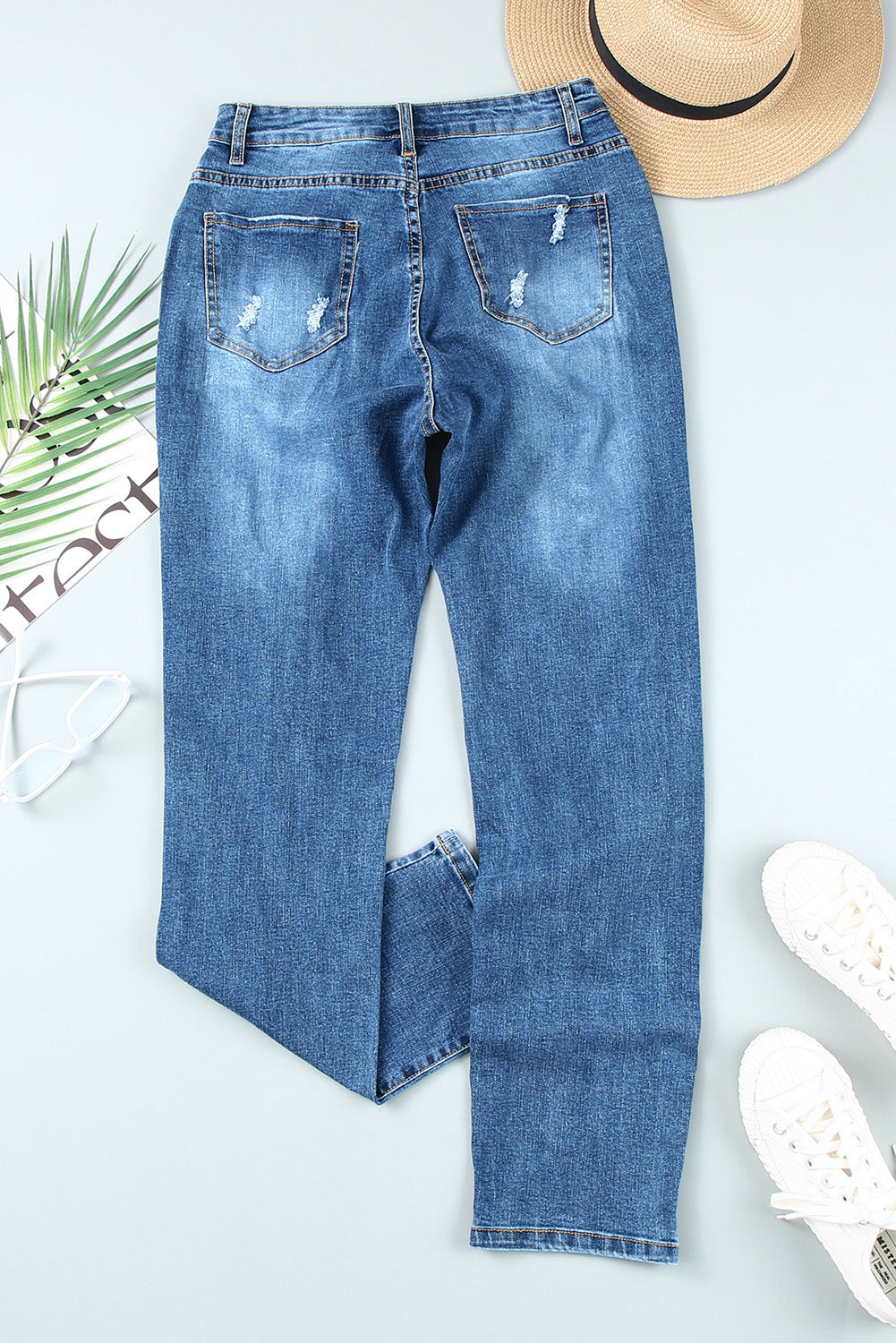 Buttoned Pockets Distressed Jeans