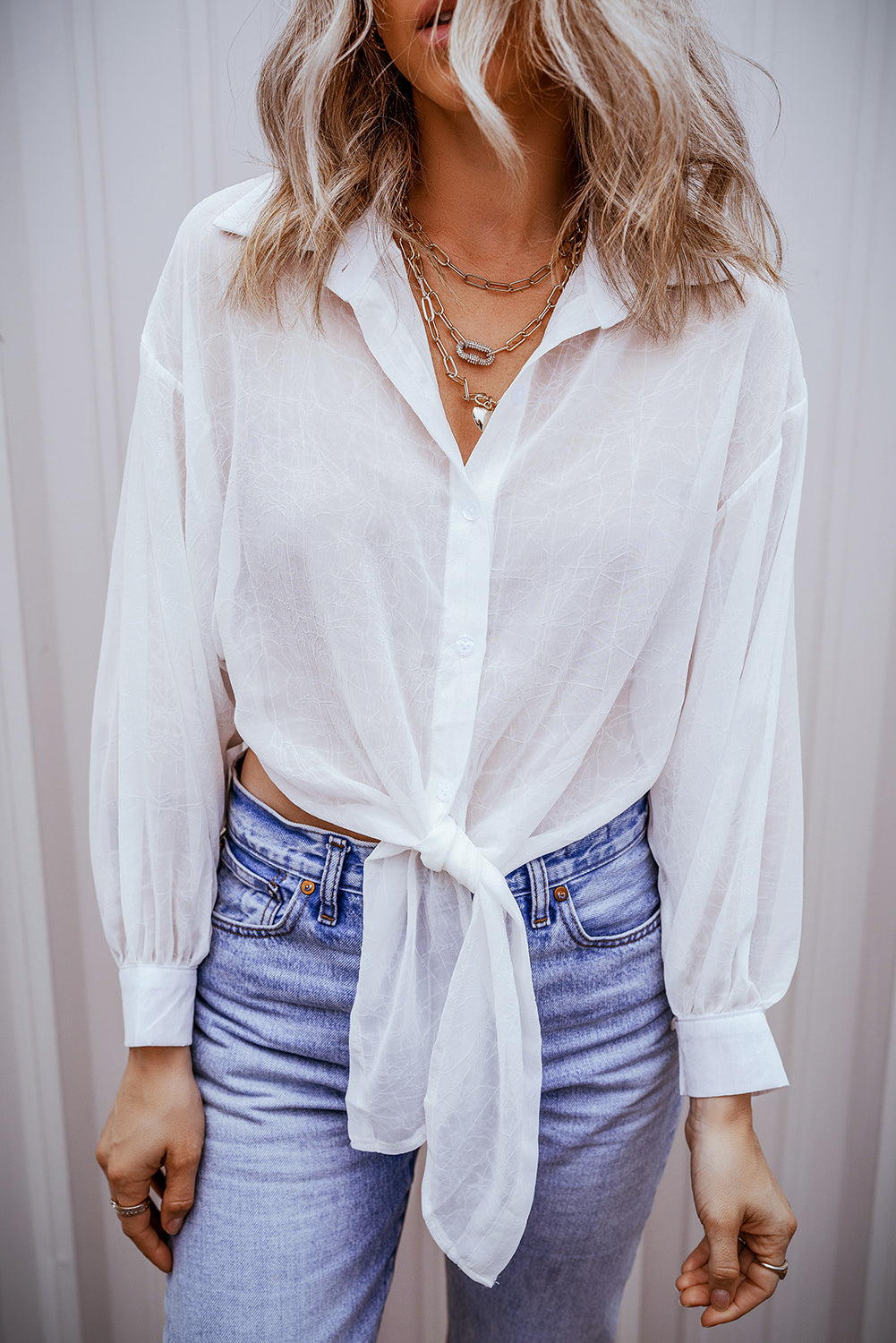 White Solid Knotted Front Loose Fit Sheer Shirt