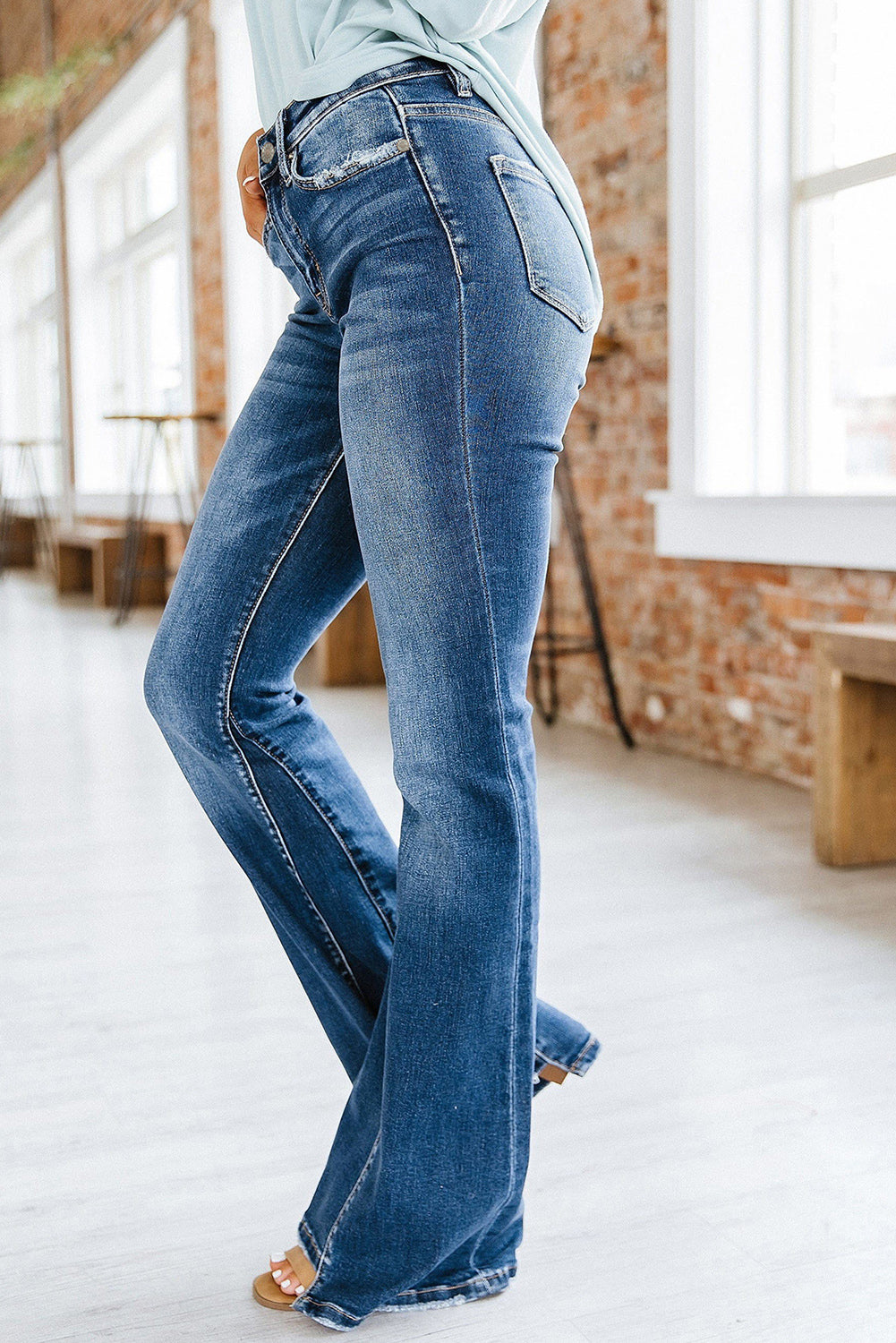 Sky Blue Medium Wash High Rise Flare Jeans