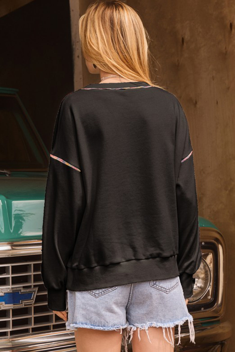 Black Contrast Rainbow Trim Drop Shoulder Pullover Sweatshirt