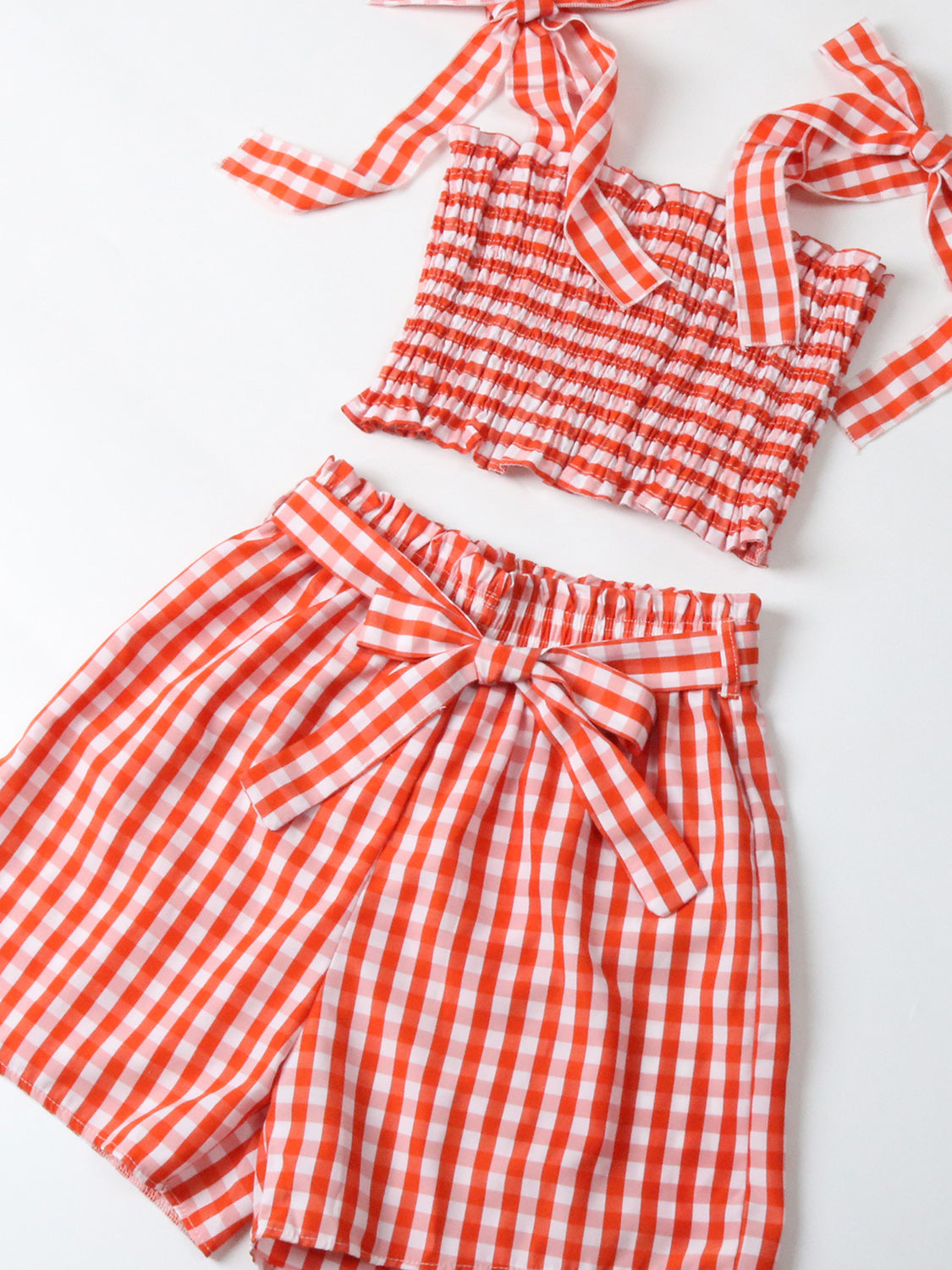 Perfee Tied Smocked Plaid Top and Shorts Set