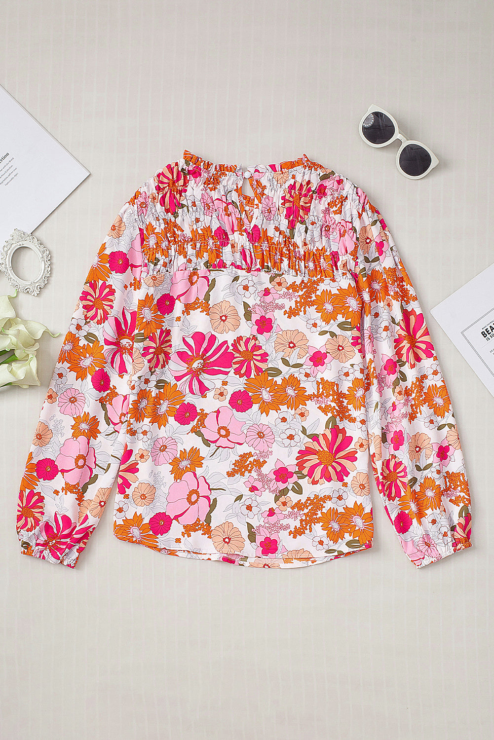 White Floral Frilled Neckline Puff Sleeve Blouse