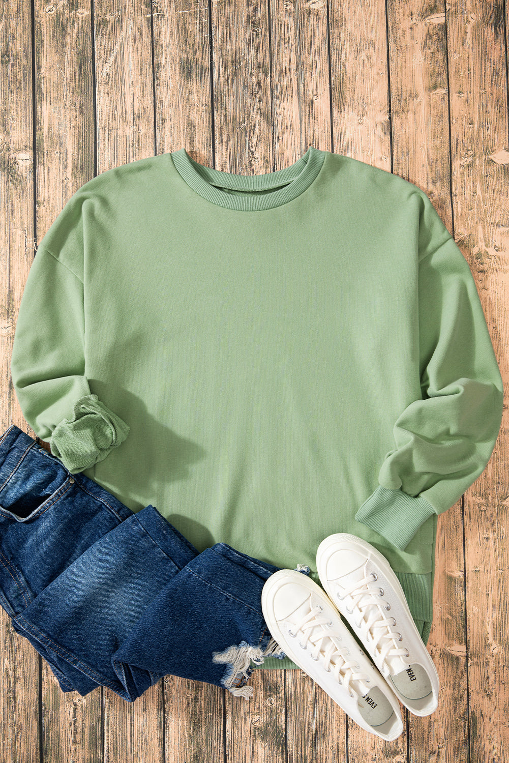 Smoke Green Solid O Neck High Low Hem Pullover Sweatshirt