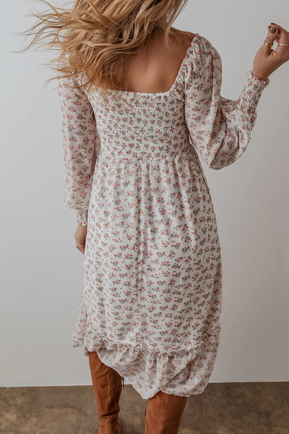 Smocked Floral Square Neck Long Sleeve Midi Dress