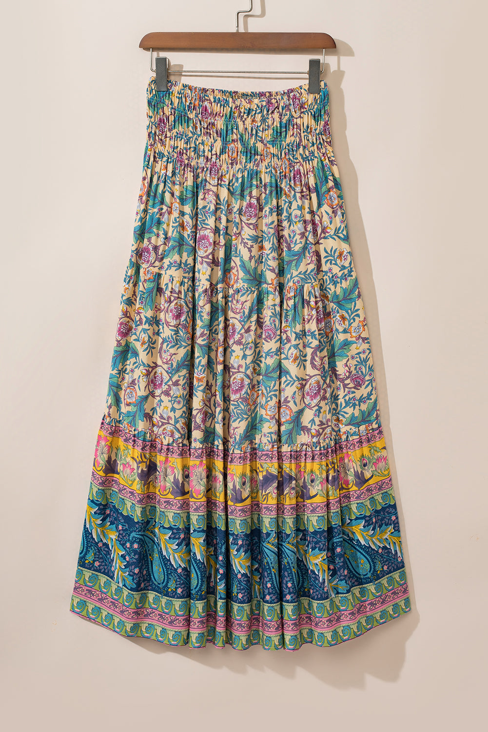 Sky Blue Boho Floral & Paisley Print Shirred Waist Long Skirt