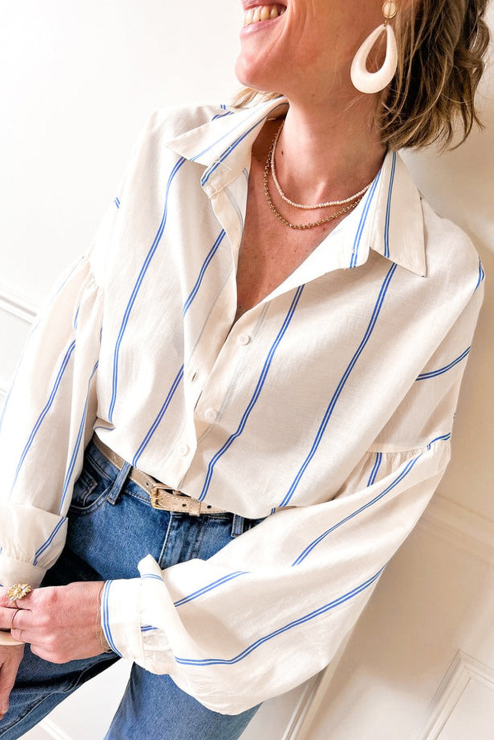 Sky Blue Stripe Drop Shoulder Bubble Sleeve Loose Shirt