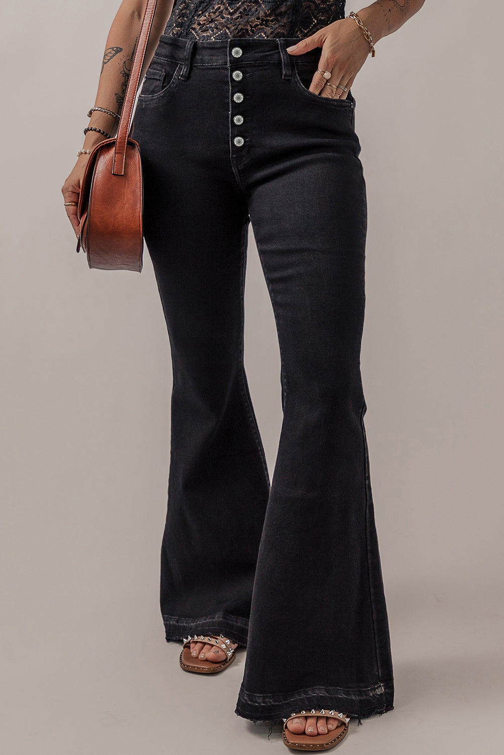 Black High Waist Button Front Flare Jeans