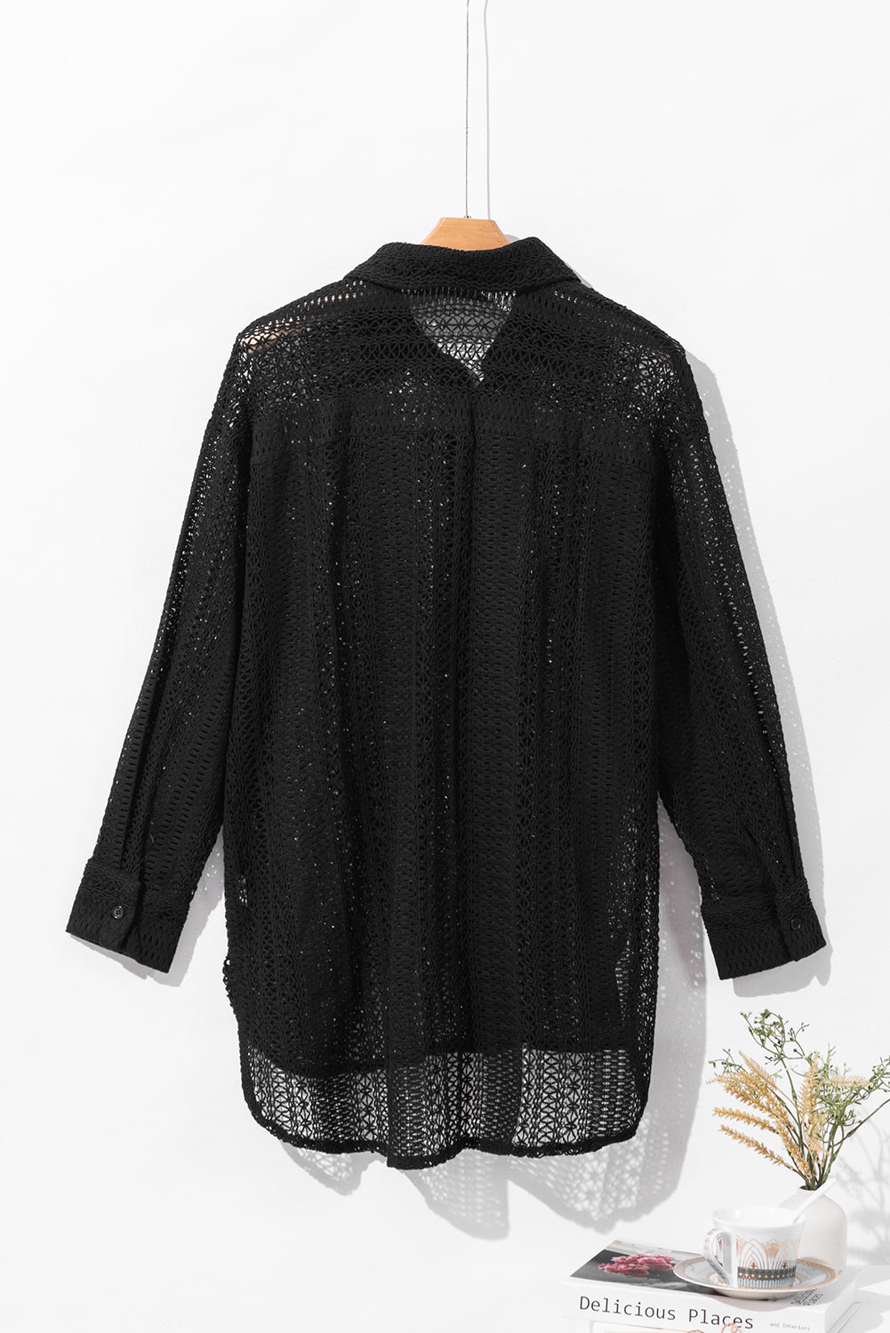 Black Lace Crochet Collared Tunic Oversized Shirt