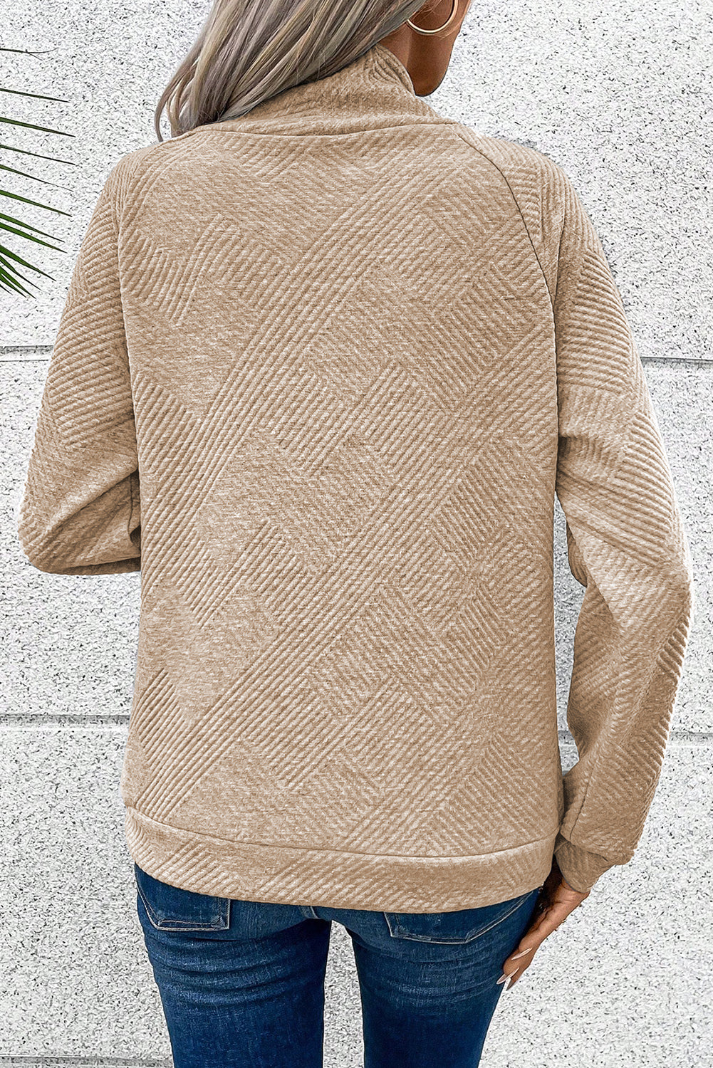 Apricot  Asymmetric Buttons Detail High Neck Textured Sweatshirt