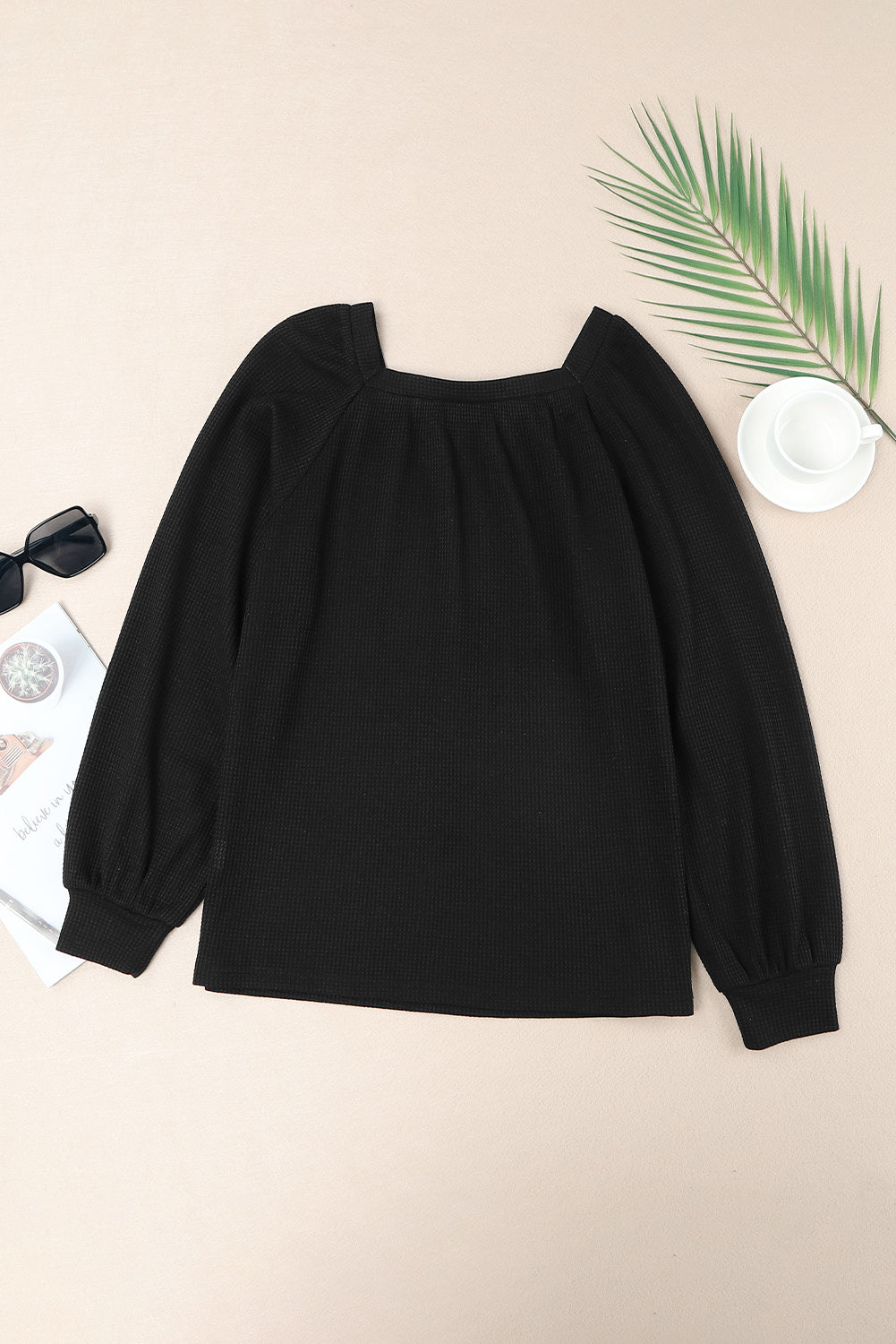 Black Scoop Neck Puff Sleeve Waffle Knit Top