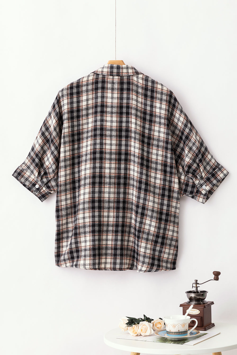 Black Plaid Print Chest Pockets Oversize Shirt