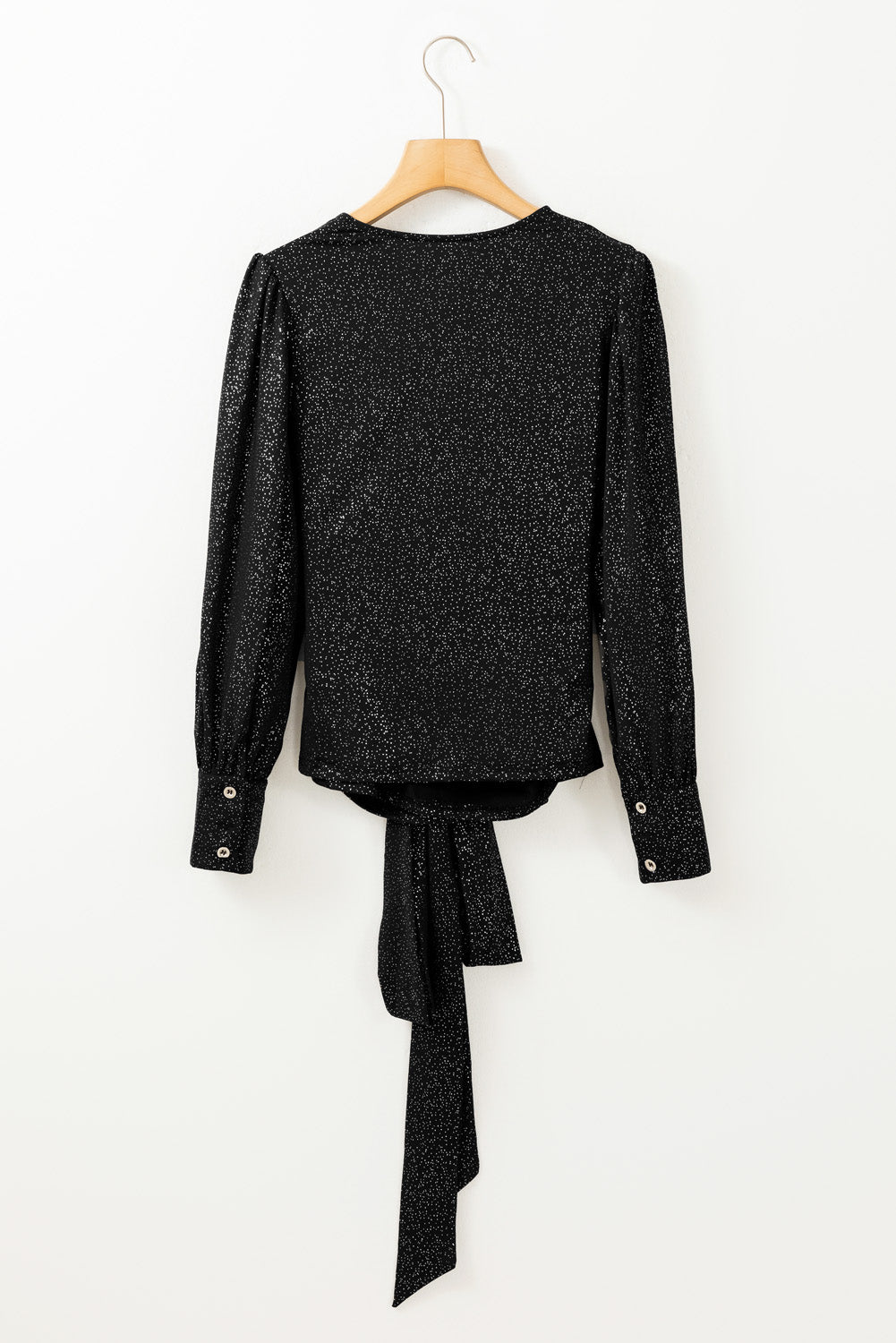 Black Glitter Wrap V Neck Tie Hem Puff Sleeve Blouse